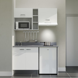 Kitchenette 140 cm K13L équipée avec électroménager blanc inclus - façades blanches, plan travail gris évier à gauche