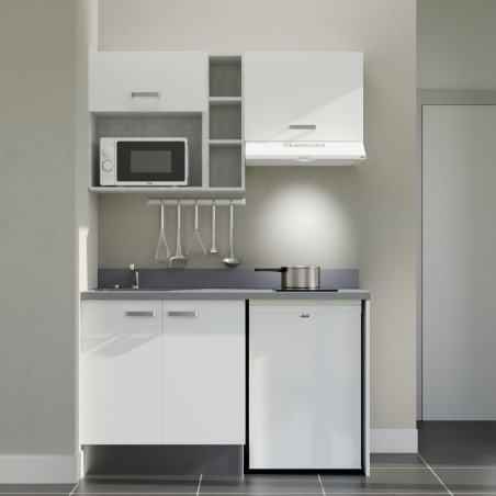 Kitchenette 140 cm K13L équipée avec électroménager blanc inclus - façades blanches, plan travail gris évier à gauche