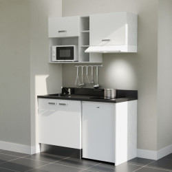 Kitchenette 140 cm K13L équipée avec électroménager blanc inclus - façades blanches, plan travail noir évier à gauche