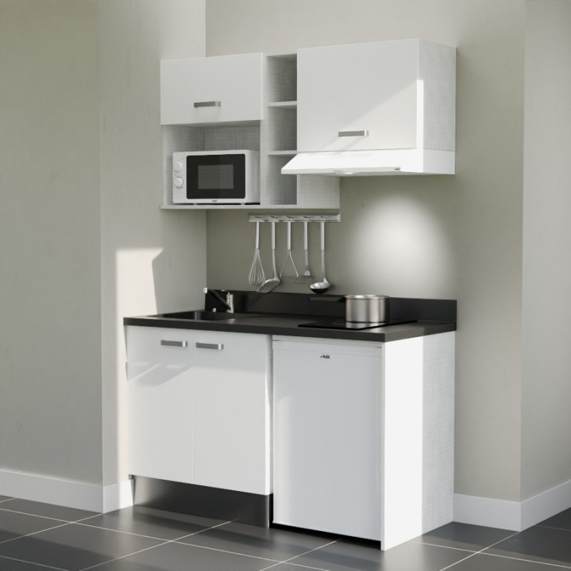 Kitchenette 140 cm K13L équipée avec électroménager blanc inclus - façades blanches, plan travail noir évier à gauche Kitchenette 140 cm K13L équipée avec électroménager blanc inclus - façades blanches, plan travail noir évier à gauche