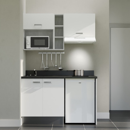 Kitchenette 140 cm K13L équipée avec électroménager blanc inclus - façades blanches, plan travail noir évier à gauche