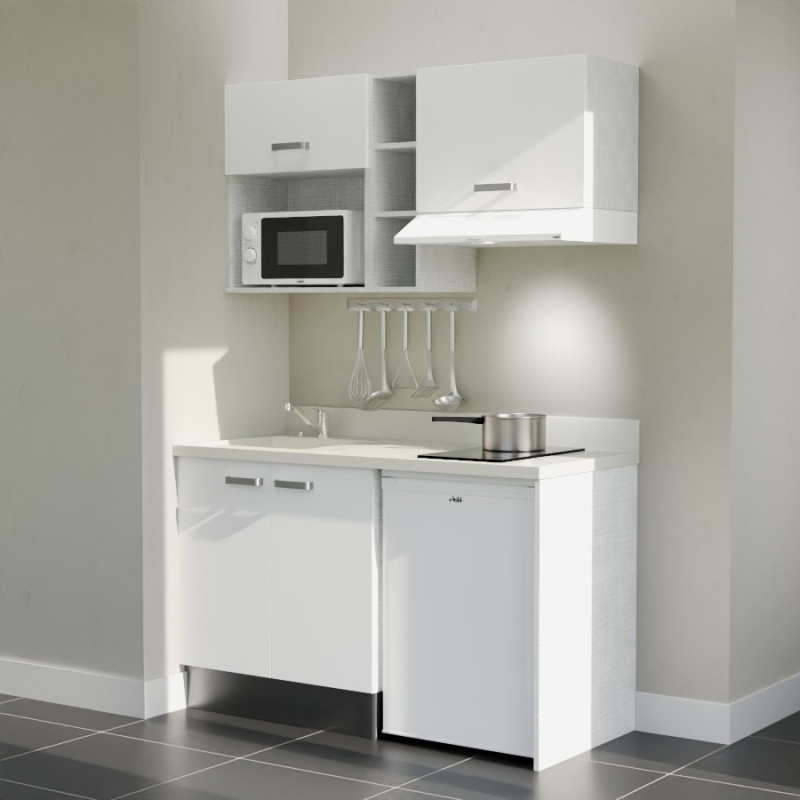 Kitchenette 140 cm K13L équipée avec électroménager blanc inclus - façades blanches, plan travail blanc évier à gauche Kitchenette 140 cm K13L équipée avec électroménager blanc inclus - façades blanches, plan travail blanc évier à gauche