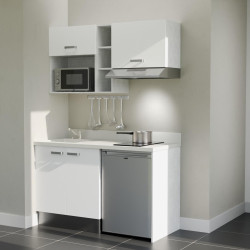 Kitchenette 140 cm K13L équipée avec électroménager inox inclus - façades blanches, plan travail blanc évier à gauche