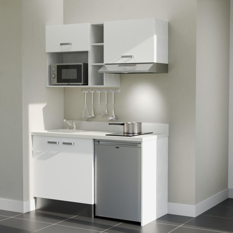 Kitchenette 140 cm K13L équipée avec électroménager inox inclus - façades blanches, plan travail blanc évier à gauche Kitchenette 140 cm K13L équipée avec électroménager inox inclus - façades blanches, plan travail blanc évier à gauche