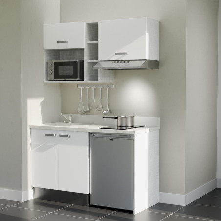 Kitchenette 140 cm K13L équipée avec électroménager inox inclus - façades blanches, plan travail blanc évier à gauche