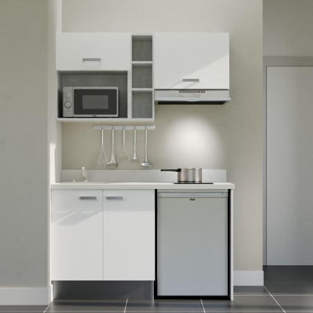 Kitchenette 140 cm K13L équipée avec électroménager inox inclus - façades blanches, plan travail blanc évier à gauche