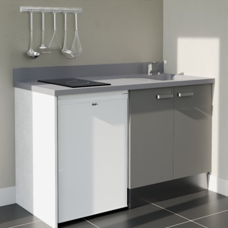Kitchenette 140 cm K17L équipée avec électroménager blanc inclus - façades grises, plan travail gris évier à droite