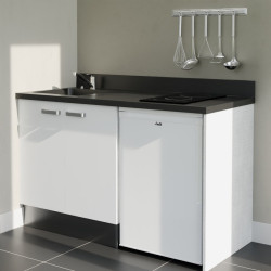 Kitchenette 140 cm K17L équipée avec électroménager blanc inclus - façades blanches, plan travail noir évier à gauche