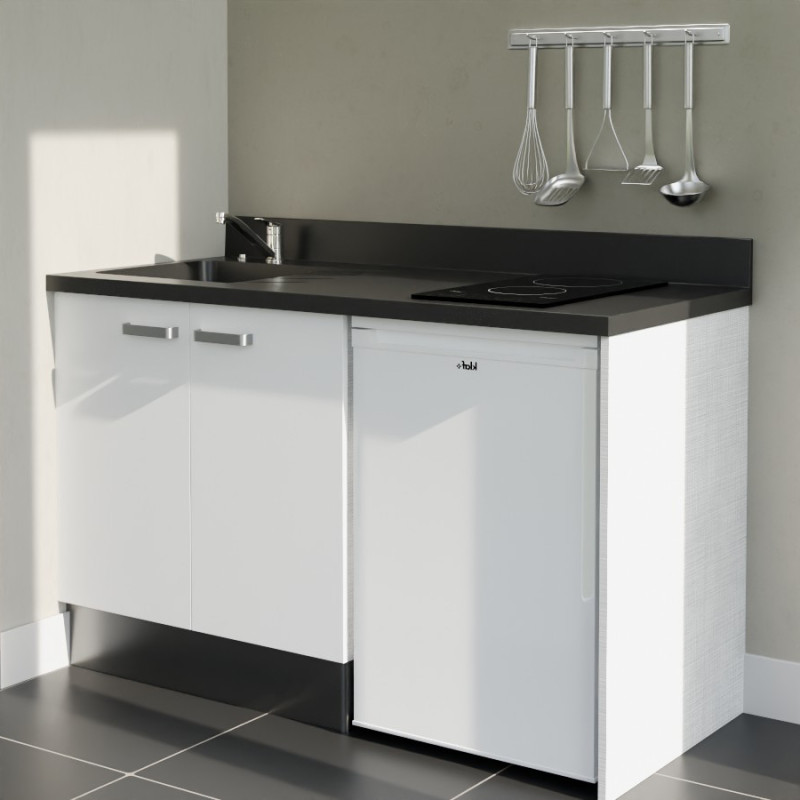 Kitchenette 140 cm K17L équipée avec électroménager blanc inclus - façades blanches, plan travail noir évier à gauche Kitchenette 140 cm K17L équipée avec électroménager blanc inclus - façades blanches, plan travail noir évier à gauche