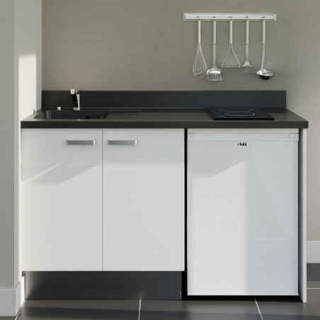 Kitchenette 140 cm K17L équipée avec électroménager blanc inclus - façades blanches, plan travail noir évier à gauche