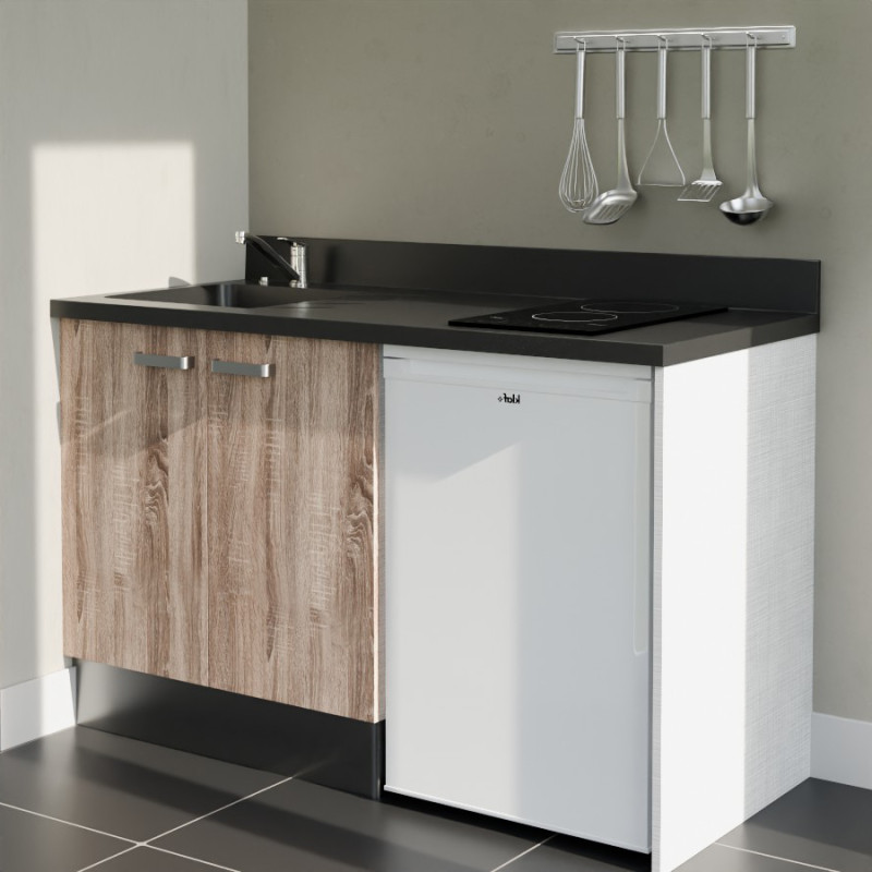 Kitchenette 140 cm K17L équipée avec électroménager blanc inclus - façades bois, plan travail noir évier à gauche Kitchenette 140 cm K17L équipée avec électroménager blanc inclus - façades bois, plan travail noir évier à gauche