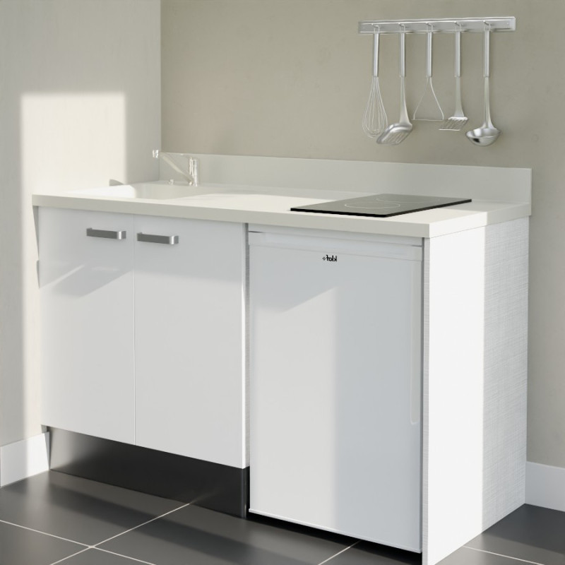 Kitchenette 140 cm K17L équipée avec électroménager blanc inclus - façades blanches, plan travail blanc évier à gauche Kitchenette 140 cm K17L équipée avec électroménager blanc inclus - façades blanches, plan travail blanc évier à gauche