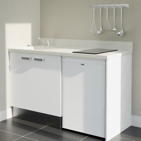 Kitchenette 140 cm K17L équipée avec électroménager blanc inclus - façades blanches, plan travail blanc évier à gauche