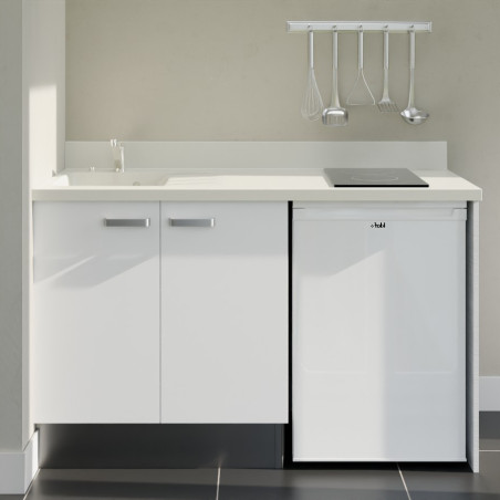 Kitchenette 140 cm K17L équipée avec électroménager blanc inclus - façades blanches, plan travail blanc évier à gauche