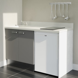 Kitchenette 140 cm K17L équipée avec électroménager blanc inclus - façades grises, plan travail blanc évier à gauche