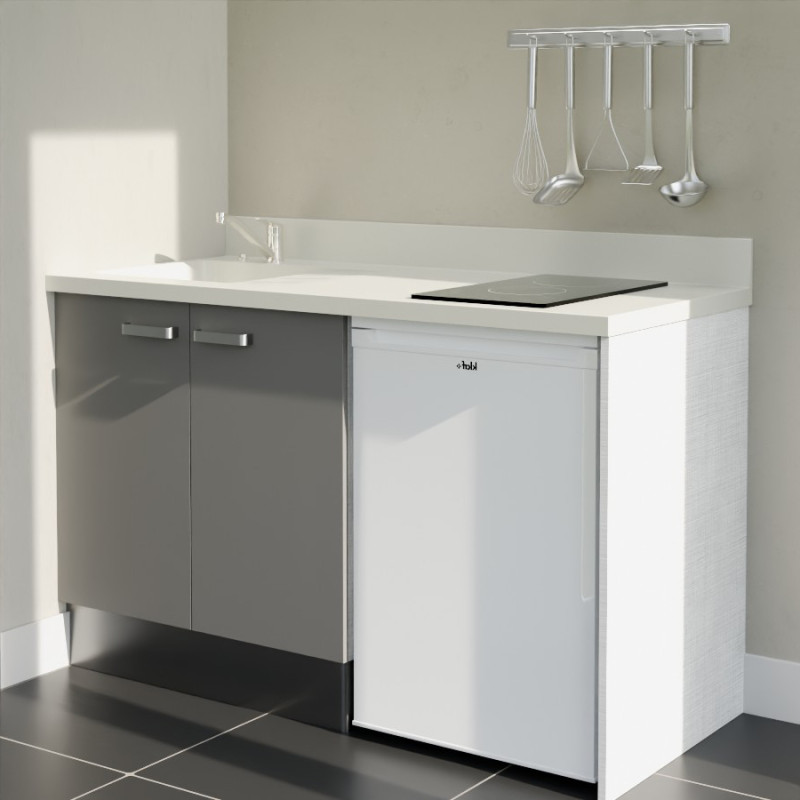 Kitchenette 140 cm K17L équipée avec électroménager blanc inclus - façades grises, plan travail blanc évier à gauche Kitchenette 140 cm K17L équipée avec électroménager blanc inclus - façades grises, plan travail blanc évier à gauche
