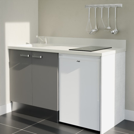 Kitchenette 140 cm K17L équipée avec électroménager blanc inclus - façades grises, plan travail blanc évier à gauche