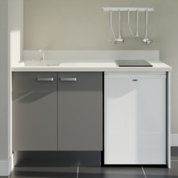 Kitchenette 140 cm K17L équipée avec électroménager blanc inclus - façades grises, plan travail blanc évier à gauche