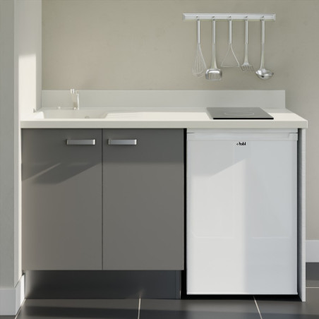 Kitchenette 140 cm K17L équipée avec électroménager blanc inclus - façades grises, plan travail blanc évier à gauche