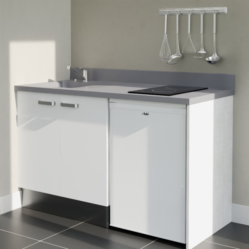 Kitchenette 140 cm K17L équipée avec électroménager blanc inclus - façades blanches, plan travail gris évier à gauche Kitchenette 140 cm K17L équipée avec électroménager blanc inclus - façades blanches, plan travail gris évier à gauche