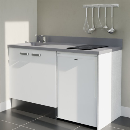 Kitchenette 140 cm K17L équipée avec électroménager blanc inclus - façades blanches, plan travail gris évier à gauche