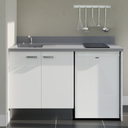 Kitchenette 140 cm K17L équipée avec électroménager blanc inclus - façades blanches, plan travail gris évier à gauche