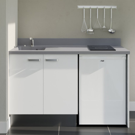 Kitchenette 140 cm K17L équipée avec électroménager blanc inclus - façades blanches, plan travail gris évier à gauche