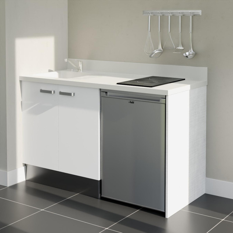 Kitchenette 140 cm K17L équipée avec électroménager inox inclus - façades blanches, plan travail blanc évier à gauche Kitchenette 140 cm K17L équipée avec électroménager inox inclus - façades blanches, plan travail blanc évier à gauche