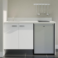 Kitchenette 140 cm K17L équipée avec électroménager inox inclus - façades blanches, plan travail blanc évier à gauche