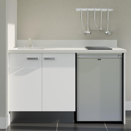 Kitchenette 140 cm K17L équipée avec électroménager inox inclus - façades blanches, plan travail blanc évier à gauche