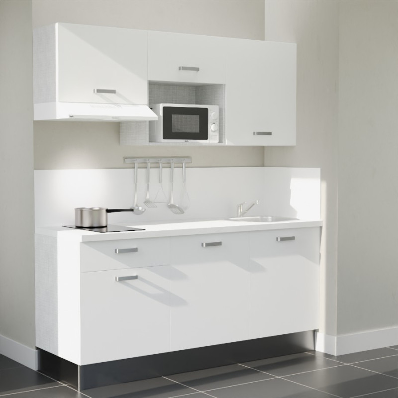 Kitchenette 180 cm blanche K30L-PT, plan et crédence stratifiés blanc, hotte et micro-ondes blanc Kitchenette 180 cm blanche K30L-PT, plan et crédence stratifiés blanc, hotte et micro-ondes blanc