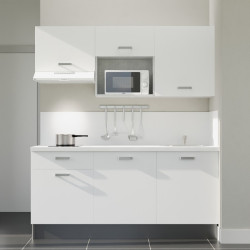 Kitchenette 180 cm blanche K30L-PT, plan et crédence stratifiés blanc, hotte et micro-ondes blanc