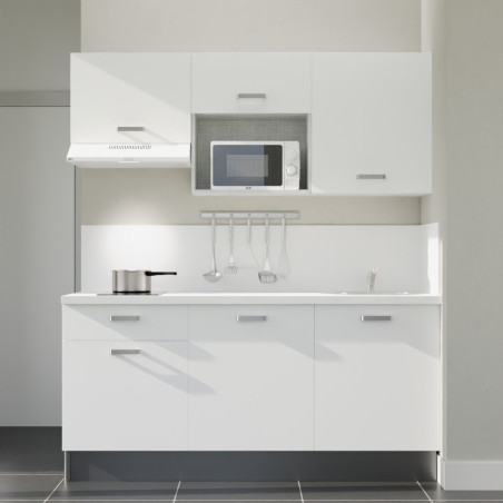 Kitchenette 180 cm blanche K30L-PT, plan et crédence stratifiés blanc, hotte et micro-ondes blanc