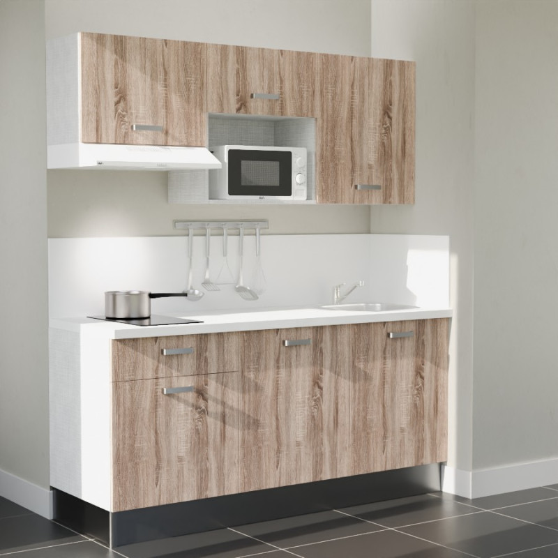 Kitchenette 180 cm bois K30L-PT, plan et crédence stratifiés blanc, hotte et micro-ondes blanc Kitchenette 180 cm bois K30L-PT, plan et crédence stratifiés blanc, hotte et micro-ondes blanc