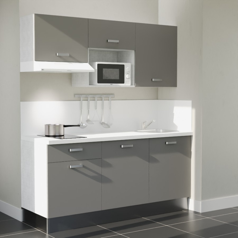 Kitchenette 180 cm grise K30L-PT, plan et crédence stratifiés blanc, hotte et micro-ondes blancr Kitchenette 180 cm grise K30L-PT, plan et crédence stratifiés blanc, hotte et micro-ondes blancr