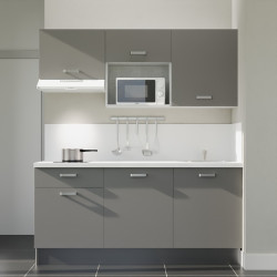 Kitchenette 180 cm grise K30L-PT, plan et crédence stratifiés blanc, hotte et micro-ondes blanc