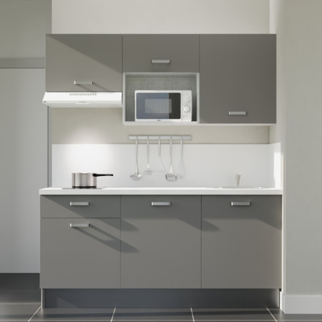Kitchenette 180 cm grise K30L-PT, plan et crédence stratifiés blanc, hotte et micro-ondes blanc