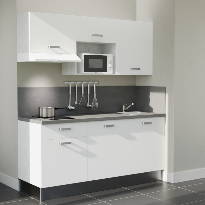 Kitchenette 180 cm blanche K30L-PT, plan et crédence stratifiés gris, hotte et micro-ondes blanc Kitchenette 180 cm blanche K30L-PT, plan et crédence stratifiés gris, hotte et micro-ondes blanc
