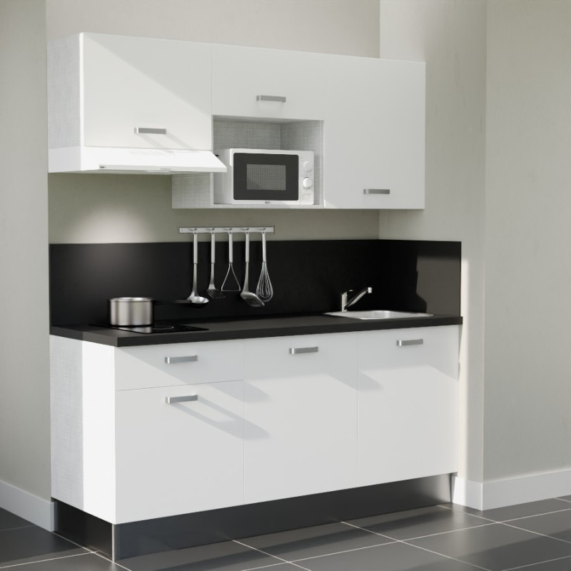 Kitchenette 180 cm blanche K30L-PT, plan et crédence stratifiés noir, hotte et micro-ondes blanc Kitchenette 180 cm blanche K30L-PT, plan et crédence stratifiés noir, hotte et micro-ondes blanc