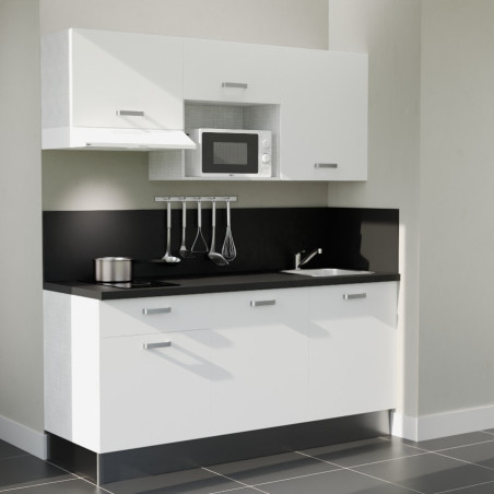Kitchenette 180 cm blanche K30L-PT, plan et crédence stratifiés noir, hotte et micro-ondes blanc
