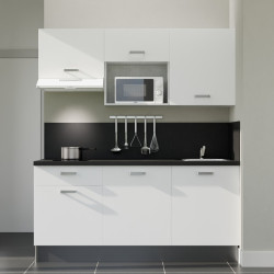 Kitchenette 180 cm blanche K30L-PT, plan et crédence stratifiés noir, hotte et micro-ondes blanc