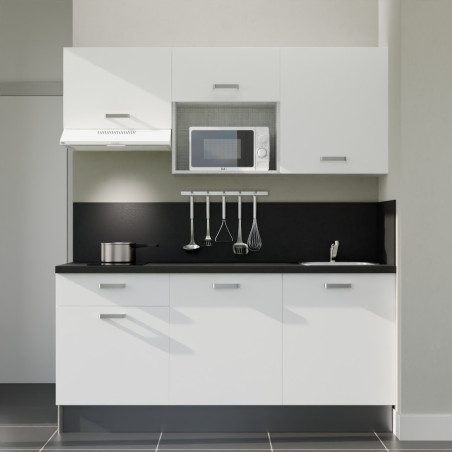 Kitchenette 180 cm blanche K30L-PT, plan et crédence stratifiés noir, hotte et micro-ondes blanc