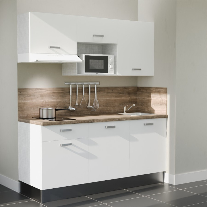 Kitchenette 180 cm blanche K30L-PT, plan et crédence stratifiés chêne, hotte et micro-ondes blanc Kitchenette 180 cm blanche K30L-PT, plan et crédence stratifiés chêne, hotte et micro-ondes blanc