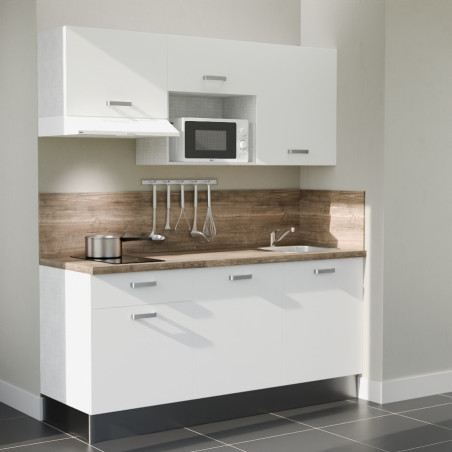 Kitchenette 180 cm blanche K30L-PT, plan et crédence stratifiés chêne, hotte et micro-ondes blanc