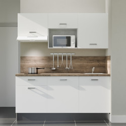Kitchenette 180 cm blanche K30L-PT, plan et crédence stratifiés chêne, hotte et micro-ondes blanc