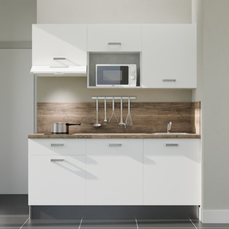 Kitchenette 180 cm blanche K30L-PT, plan et crédence stratifiés chêne, hotte et micro-ondes blanc