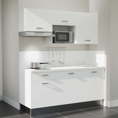 Kitchenette 180 cm blanche K30L-PT, plan et crédence stratifiés blanc, hotte et micro-ondes gris