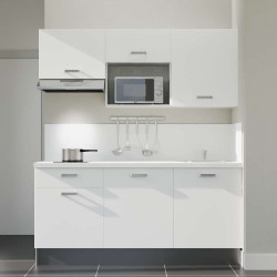 Kitchenette 180 cm blanche K30L-PT, plan et crédence stratifiés blanc, hotte et micro-ondes gris