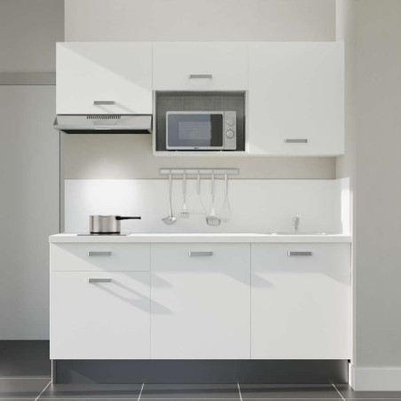 Kitchenette 180 cm blanche K30L-PT, plan et crédence stratifiés blanc, hotte et micro-ondes gris