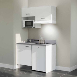Kitchenette 120 cm K02L équipée avec électroménager blanc inclus - façades blanches, plan travail gris évier à gauche